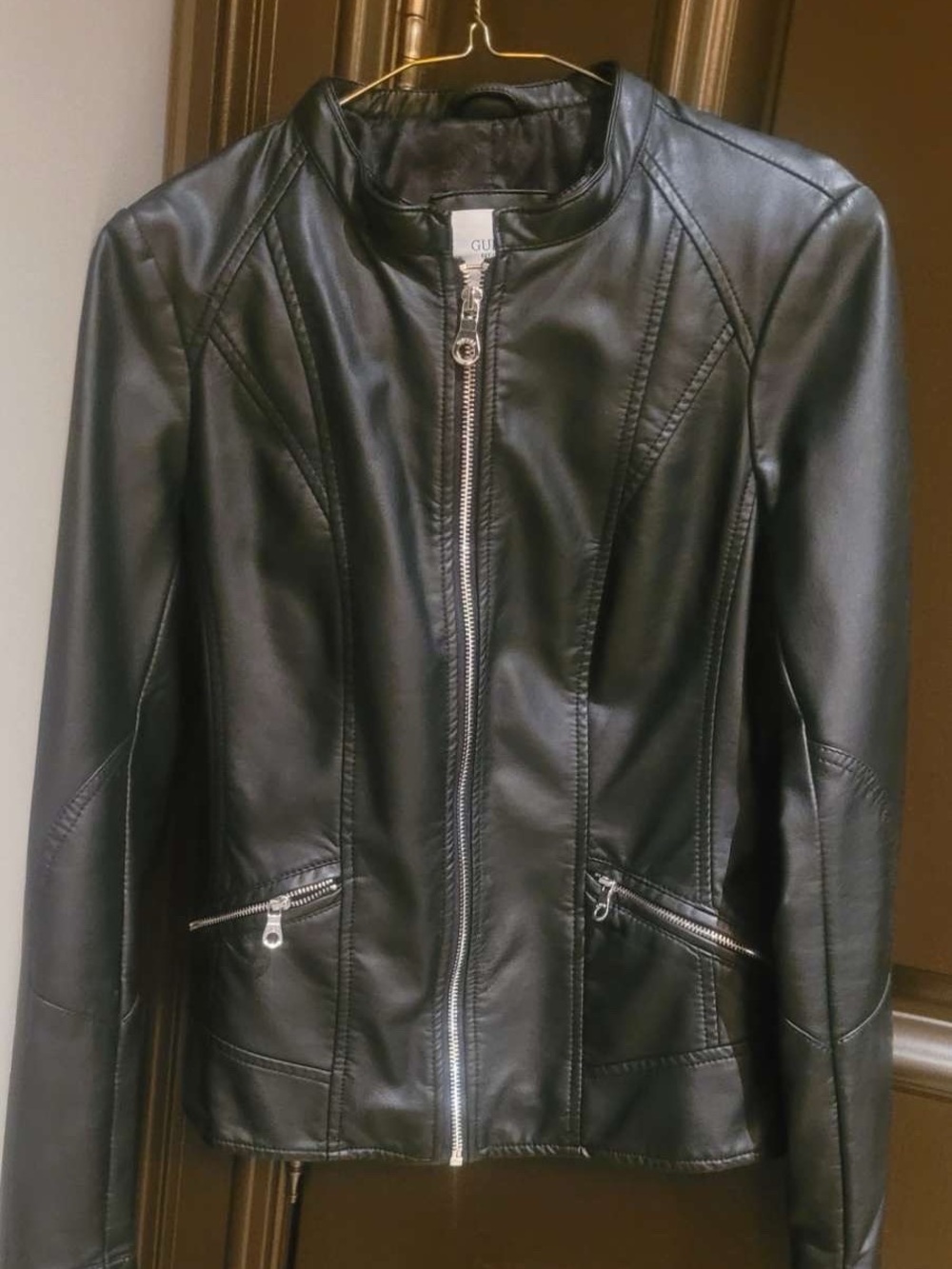 GUESS Black Faux Leather Moto Jacket with Zip Pockets